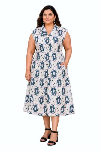 Image of Indietoga Women Plus Size Printed Cotton Midi A-line Dress (XL to 7XL)