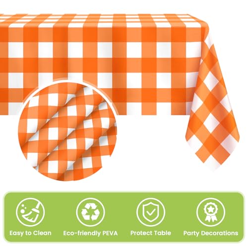 Image of Mulbozy Orange Gingham Tablecloth 4 Pack, 54 x 108 Inch Plastic Table Cloth Disposable, Orange and White Checkered Table Cover for Party Supplies