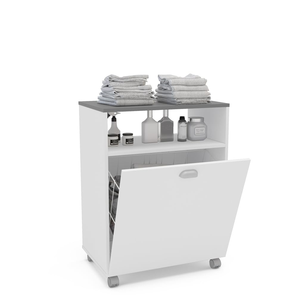 Mueble de Lavandería Blanco con Cesta Metálica y Tapa Gris Grafito – 60x40x80 cm – Diseño Moderno y Funcional en Melamina