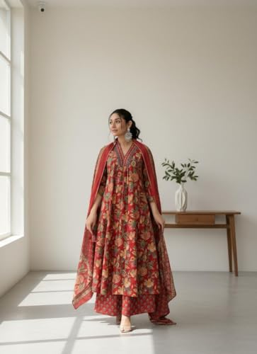 Image of Red Anarkali Rayon Kurti Set for Women | Viscose Kurta Pant Dupatta | Plus Size Ethnic Outfit (S-7XL)