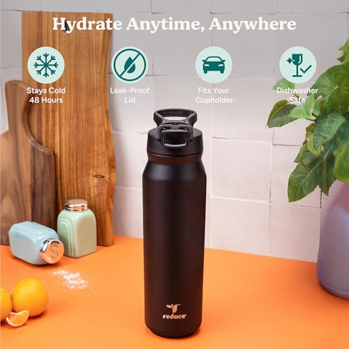 Image of REDUCE 32 oz Hydrate Pro Stainless Steel Insulated Water Bottle - Flip Top Leak-Proof Lid, Dishwasher Safe, BPA-Free, Dual Wall Vacuum, Keeps Drinks Cold for 48 Hrs, Cup Holder Friendly - Sangria