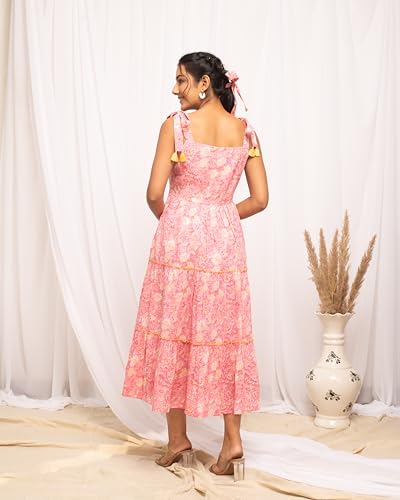 Image of FIORRA Women's Fit And Flare Knee Length Cotton Block Printed Western Knee-Length Dress