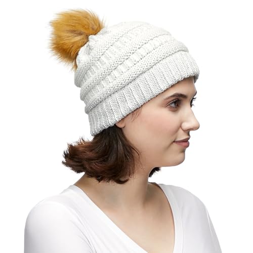 Image of CC Fur Pom Winter Fall Chunky Stretchy Cable Knit Beanie Hat