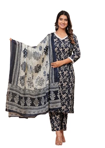Image of MEERA FAB Womens Cotton Printed Straight Kurta Set V-Neck with Palazzo & Dupatta Set