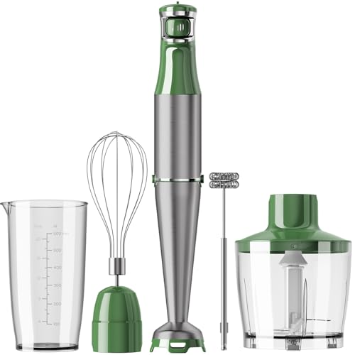 Image of Turelar Immersion Blender Handheld Corded Hand Blenders Set 1100W, Trigger Variable Speed 5 in 1 Stick Emulsifier with Chopper, Whisk and Frother for Soup, Baby Food and Smoothies, Green