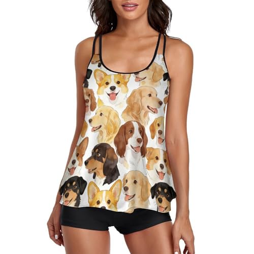 Raunew Women Tankini Swimsuits with Shorts, Dog Head Corgi Golden