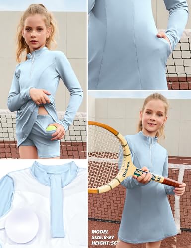 Image of Perfashion Girls Tennis Dress 1 /4 Zip Golf Outfit Built-in Bra & Shorts Pickleball Athletic Dress Workout Pockets 4-13Y