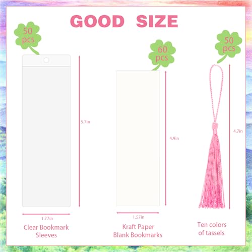 Bizsyumi 50 Sets Bookmark Making Kit, with 50 Clear Bookmark Sleeves, 50 Colorful Tassels, 60 Kraft Paper Blank Bookmarks, DIY Bookmarks for Party, Decoration, Teaching or Record Reading Experience - Thumbnail 2