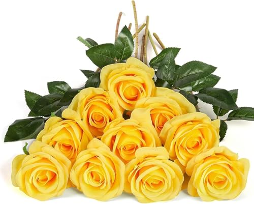 Image of Dekorly Artificial Fake Roses Flowers - 10 Pcs Fake Artificial Roses Silk Flowers with Stems for Home Room Tabletop Wedding Hotel Office Centerpiece Decor | Height 18 Inch (Yellow)