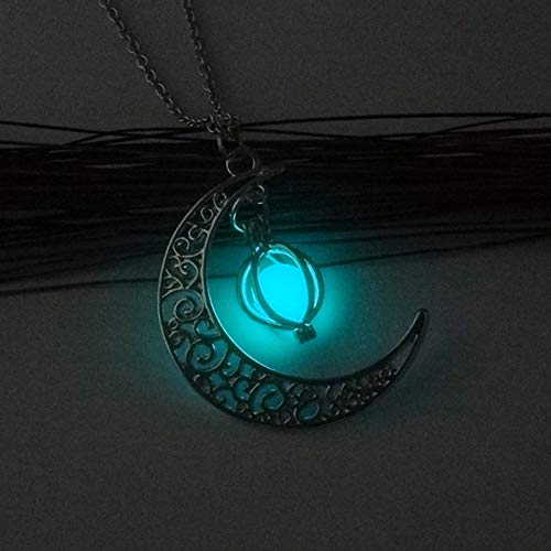 Mul-king Luminous Crescent Moon Pendant Necklace Fluorescent Hollow Love Heart, Kitten Necklace Glow in Dark Magic Necklace, Special Christmas Thankgiving Birthday Day Gift (Crescent-Blue)