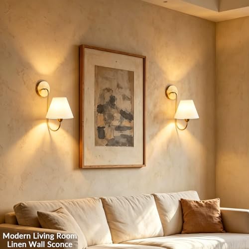 Image of Vintage Single Swoop Wall Sconce with White Linen Shade, Antique Brass Gooseneck Arm Wall Sconce, Elegant Light Fixture for Bedroom, Living Room, Beside The Mirror (7.5 Inch Shade)