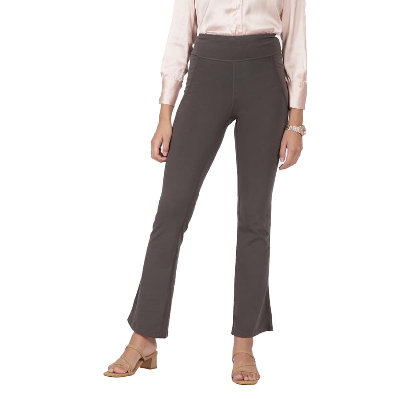 Image of Blissclub AM:PM Cotton Flare Pants for Women Above 5'5 ft Tall | Wide Waistband, 4 Pockets | Bell Bottom Pants and high Waist Trousers for Office wear
