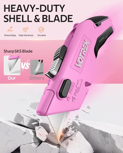 Image of VOTREK Box Cutter Utility Knife, 2-in-1 Safety Retractable Box Cutter for Women, Quick Change Razor Knife for Home, Office & DIY, Blade Storage Design, with Extra Sharp Razor & Hook Blades (Pink)
