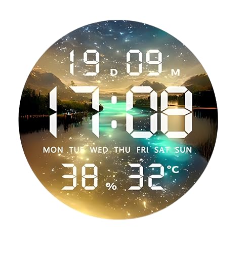 Image of Amazon Brand - Umi Acrylic Digital Wall Clock for Bedroom Living Room Stylish LED USB Tabletop 3D Picture Clocks with Time Day Date Month Temperature Display for Home Office 24.3x24.3cm (Waterway)