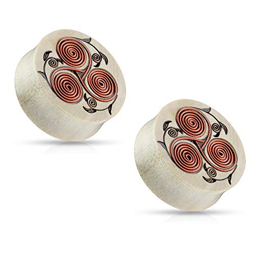 Pierced Owl - Copper Wire Tribal Floral Carved Organic Crocodile Wood Saddle Plugs Ear Plugs Gauges, Sold as a Pair