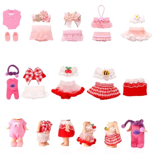 10 Sets Doll Outfits, 3 Inch/7.62cm Doll Collector's Clothing Accessories Cute Flowers Cherries Bees Dress Wear for Decoration and Display (Pink, Red)