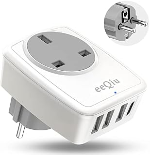 UK to EU Euro Europe Plug Adapter with 3 USB and 1 USB C Ports, eeQiu Euro Travel Adapter 5 in 1 Grounded European Power Plug with USB for France Germany Spain Greece Portugal and More (Type E/F)