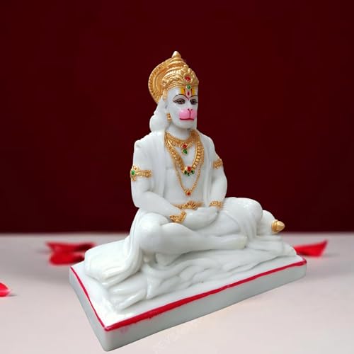 Image of Hanuman Ji Statue Sitting Idol Bajrangbali Murti Gift Article Decorative Showpiece. Beautifully Handcrafted Marble Panchmukhi Hanuman Ji for Home Temple (White-10 Inch)