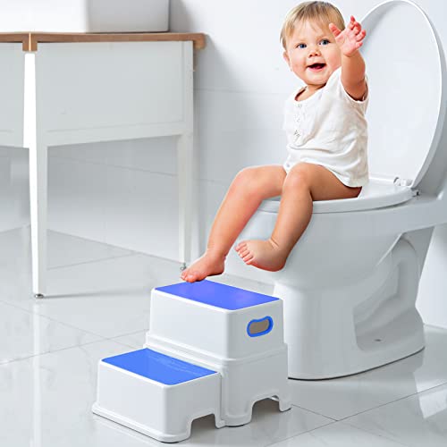 Image of Victostar 2 Step Stool for Kids, Anti-Slip Sturdy Toddler Two Step Stool for Toilet Potty Training, Bathroom,Kitchen (Blue)