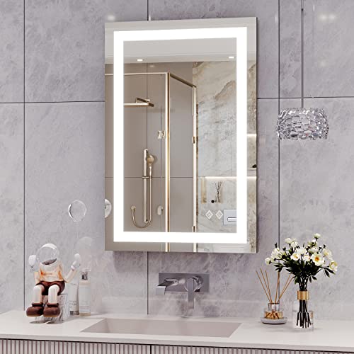 VanPokins LED Mirror, 16x32 Inch Black Framed Gradient Front and Backlit LED Bathroom Mirror, 3 Colors Dimmable CRI>90, Enhanced Anti-Fog LED Mirror