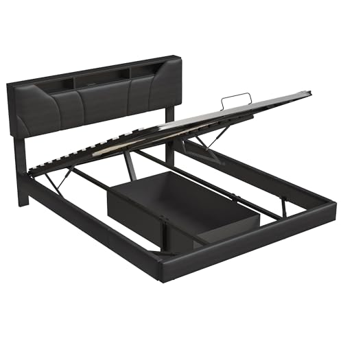 PerGar Schwarzes PU-Lederbett 140x200 cm, Hydraulisches Stauraumbett mit LED-Beleuchtung, Praktisches Kopfteil mit integrierter Ladestation, Doppelbett, Hängebett, Schlafzimmer Bett