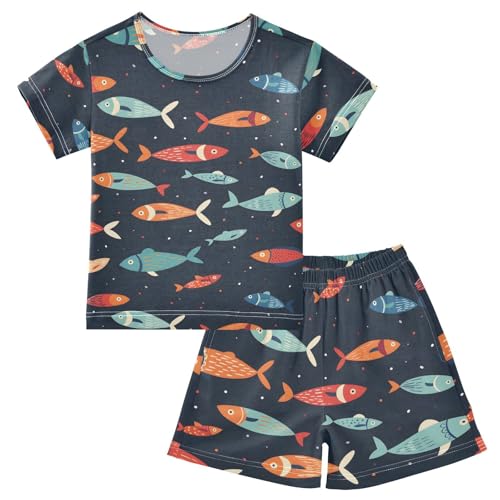 ALAZA Fish Navy Blue Polka Dots Pajamas Short Sleeve 2 Piece Sleepwear Top and Bottom Pajama Set Unisex