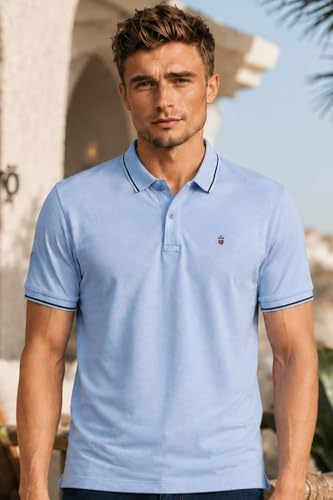 Image of Louis Philippe Men's Slim Fit Single-Tuck Pique Stylized Sleeve Print and Contrast Tipping Half Sleeve Solid Polo Tshirt