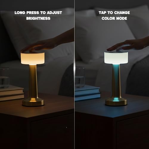 Image of Premium Rechargeable LED Table Lamp for Bedroom & Living Room - Touch Control | 3 Color Modes | Dimmable Brightness | Metal Body | Portable Wireless Bedside Light | Office & Home Decor
