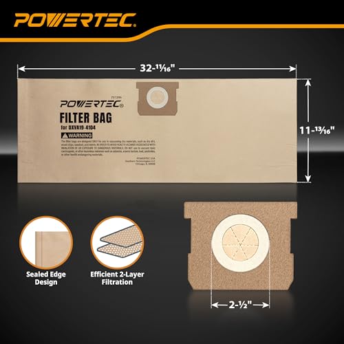 Image of POWERTEC DXVA19-4104 Shop Vac Bags 10PK for Dewalt 5-8 Gallon Wet /Dry Vacuums DXV05P-QT, DXV05S-QT, DXV06P-QT, DXV06PL, DXV08SA, Replacement Shop Vacuum Dust Collection Filter Bags (75129-P2)