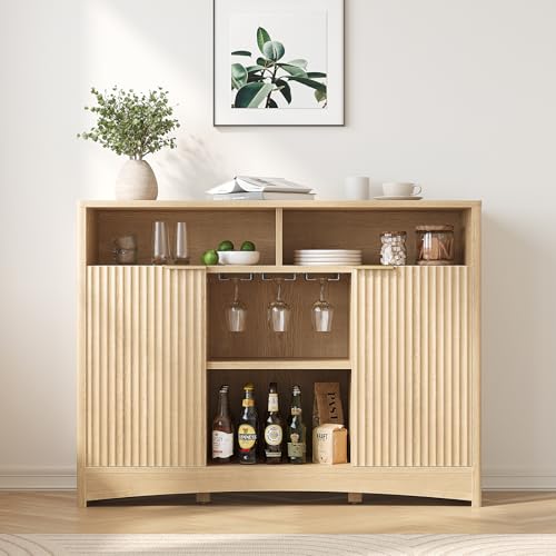 Marsail 47.2" Bar Cabinets with Storage, Modern Buffet Cabinet, Large Sideboard with 2 Fluted Panel Doors, Coffee Bar Cabinet with Adjustable Shelf and Glass Rack for Kitchen, Living Room, Natural Oak - Image 3