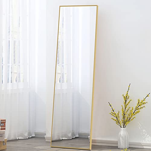 Image of NeuType 59 inchx16 inch Full Length Mirror with Standing Holder Aluminum Alloy Frame Floor Mirror Wall-Mounted Mirror for Living Room, Bedroom, Hanging or Leaning Against Wall, Golden (with Stand)