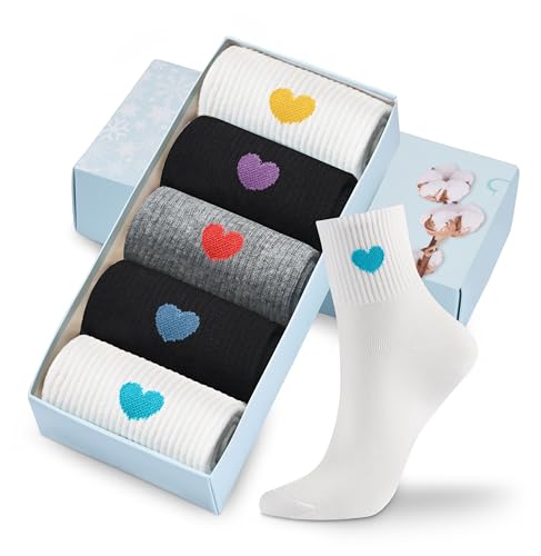 Image of Corlap Women's Cotton Crew Socks - Ankle High Fun Cute Heart Casual Dress Athletic Socks - 5Pairs Gifts for Mother /Her