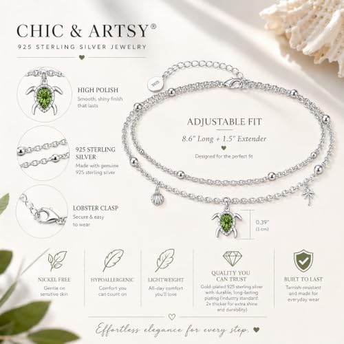 Image of CHIC & ARTSY 925 Sterling Silver Layered Anklets for Women, Adjustable Cable Chain Multilayer Beach Foot Jewelry, Nickel Free Hypoallergenic Summer Anklet 10-11 Inches