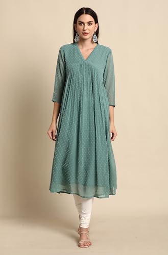 Image of Janasya Women's Dobby Chiffon Self Design Flared Kurta