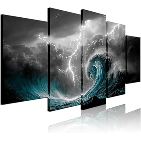 Biuteawal 5 Panel Black White Canvas Print Storm Sea Wall Art Blue Ocean Wave Seascape Pictures Nature Lightning Artwork Cool Nature Painting Poster Prints Stretched Framed Modern Home Living Room Cover