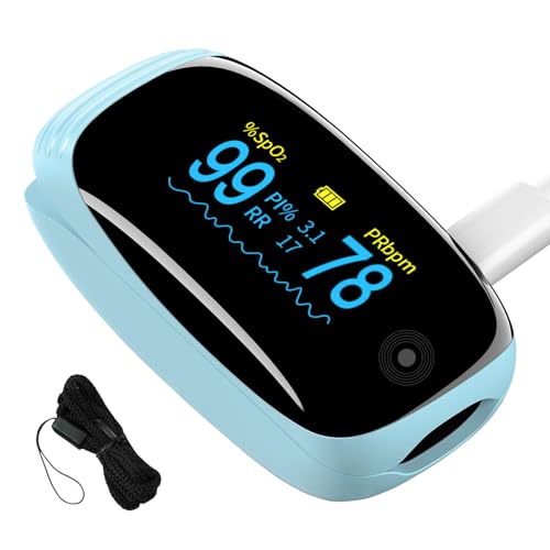 Fingertip Pulse Oximeter, Ox with Respiration Rate Monitoring, Heart Rate, PI &amp; RR Measurements, Fast Spo2 Reading Rechargeable Blood Oxygen Monitor with OLED Display, 6 View Modes &amp; 4-Direction Rotation(Blue）
