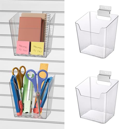 Clear Slatwall Bins, 4 Pack Slat Wall Accessories Cups Hooks Assemble Set Fit Most Slat Board Storage Systems Transparent Display Hanging Holder Organizers for Garage Shed Office Craft Tool (Medium)