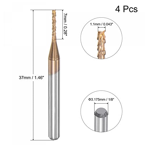 Image of uxcell End Mill CNC Router Bits, 1 /8 inch 3.175mm Shank 1.1mm x 7mm Titanium Coated Tungsten Carbide Engraving Milling Cutter for PCB Plastic Fiber Wood 4pcs