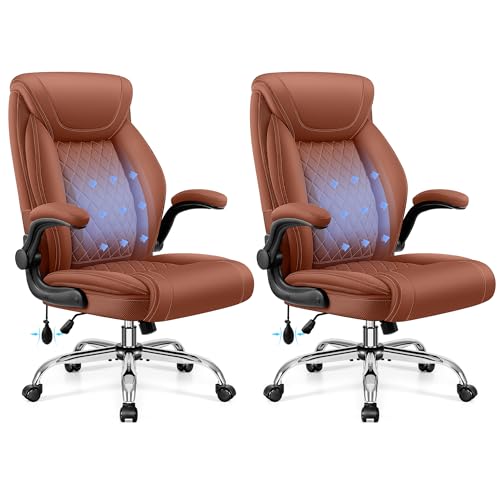 Image of BestGlory Executive Office Chair with Lumbar Support, Big and Tall Ergonomic Computer Desk Chair, Leather Comfy High Back Gaming Chair with Flip Up Arms & Rocking Function for Home Office, Brown
