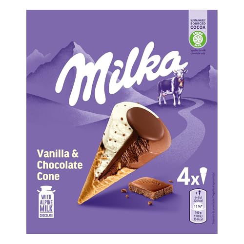 Milka Cono, Helado, Chocolate y Vainilla, 4 x 110ml (Congelado)