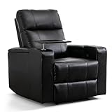 Anj Home Theater Seating Power Recliner With Hidden Arm Storage, Sigle Faux Leather Recliners With Tray Table, Electric Movie Reclining Chairs With Usb Ports &Amp; Cup Holders For Media Room, Black
