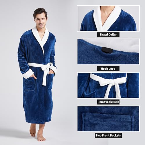 FashGudim Mens Robe Plush Robes for Men Warm Soft Fleece Bathrobe Calf Length Shawl Collar Short House Robes with Pockets3