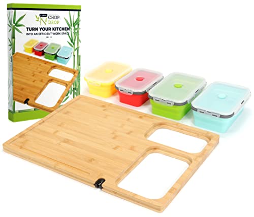 Slim Bamboo Over Sink Cutting Board For Kitchen W/4 Color Coded Collapsible Containers - Meal Prep Deck Station With Cutting Board W/Built-In Knife Sharpener - Bamboo Cutting Board With Containers #TOP26