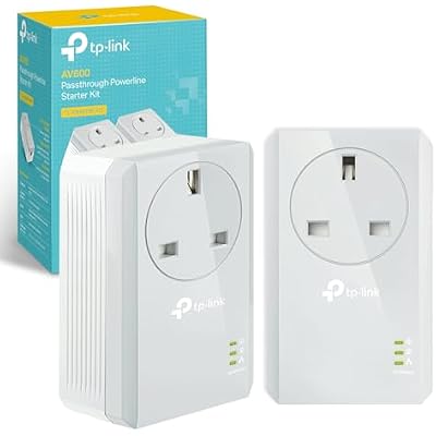 TP-Link TL-PA4010PKIT AV600 Passthrough Powerline Adapter, 100Mbps Powerline Network Adapters with Ethernet Ports, Integrated Power Socket, Power-Saving Mode, Pair Button, Plug and Play, UK Plug