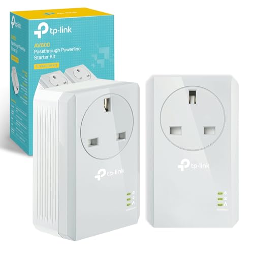 TP-Link TL-PA4010PKIT AV600 Passthrough Powerline Adapter, 100Mbps Powerline Network Adapters with Ethernet Ports, Integrated Power Socket, Power-Saving Mode, Pair Button, Plug and Play, UK