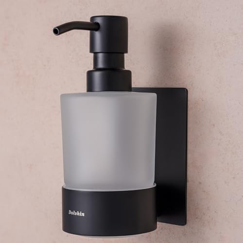 Imagen de Dolvhin® Dispensador de Jabón Sin Taladro para Pared Dosificador Vidrio Esmerilado 250ml Bote de Jabón Acero Inoxidable Jabonera Adhesivo Baño & Cocina Soporte Mural Incluido Negro Mate