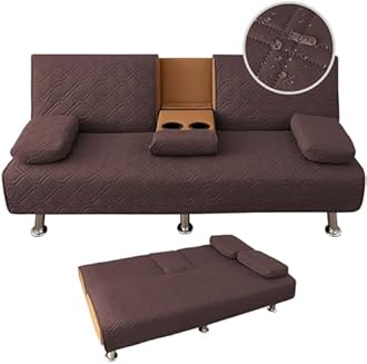 4 Pieces Click Clack Sofa Bed 3 Seater, Quilted Convertible Folding Cover With 2 Removable Armrests and 1 Holder (Coffee)