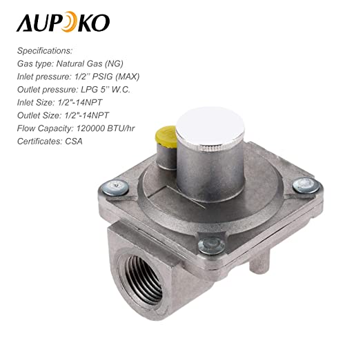 Aupoko 1/2'' Gas Regulator, 1/2"-14Npt Natural Gas Grill Regulator, Inlet Pressure:1/2’’ Psig, Outlet Pressure Lpg 5" W.c, For Ng Gas Npt Natural Gas Low Pressure Regulator With Gas Line Thread Tape #TOP1