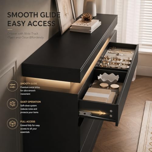 OneBlis 6 Drawer Dresser with LED Lights & Charging Station, Modern Floating Black Dresser for Bedroom, Smart Storage Chest with 2 AC Outlets & USB Ports for Living Room, Closet, Entryway by OneBlis - Image 4