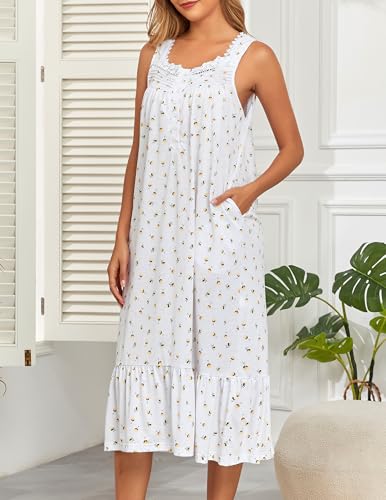 Image of Viakeo Cotton Nightgowns for Women Long House Dress Soft Sleepshirts With Pockets S-3XL